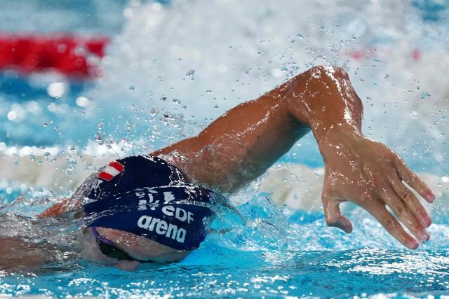 Austria's Christian Giefing competes in a semi-final of the men's 200m freestyle swimming event during the LEN European Aquatics Championships at the Olympic Aquatic Centre in Saint-Denis, northern suburbs of Paris, on August 13, 2026. (Photo by Dimitar DILKOFF / AFP)
