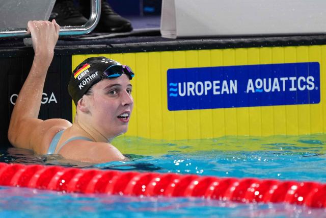 Germany's Angelina Kohler reacts after winning a semi-final of the women's 100m butterfly swimming event during the LEN European Aquatics Championships at the Olympic Aquatic Centre in Saint-Denis, northern suburbs of Paris, on August 13, 2026. (Photo by Dimitar DILKOFF / AFP)