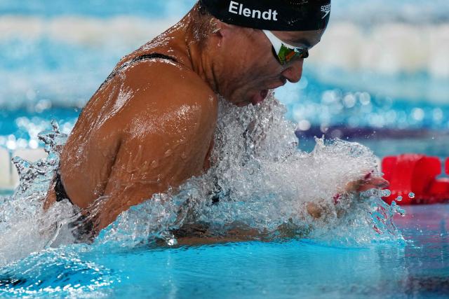 Germany's Anna Elendt competes in a semi-final of the women's 200m breaststroke swimming event during the LEN European Aquatics Championships at the Olympic Aquatic Centre in Saint-Denis, northern suburbs of Paris, on August 13, 2026. (Photo by Dimitar DILKOFF / AFP)