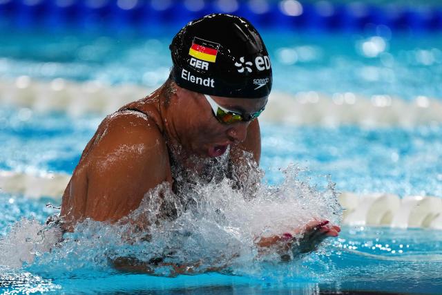Germany's Anna Elendt competes in a semi-final of the women's 200m breaststroke swimming event during the LEN European Aquatics Championships at the Olympic Aquatic Centre in Saint-Denis, northern suburbs of Paris, on August 13, 2026. (Photo by Dimitar DILKOFF / AFP)