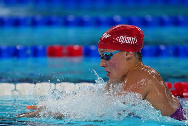 Britain's Angharad Evans competes in a semi-final of the women's 200m breaststroke swimming event during the LEN European Aquatics Championships at the Olympic Aquatic Centre in Saint-Denis, northern suburbs of Paris, on August 13, 2026. (Photo by Dimitar DILKOFF / AFP)