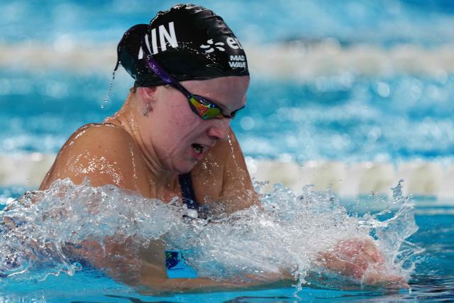 Neutral athlete Evgeniia Chikunova competes in a semi-final of the women's 200m breaststroke swimming event during the LEN European Aquatics Championships at the Olympic Aquatic Centre in Saint-Denis, northern suburbs of Paris, on August 13, 2026. (Photo by Dimitar DILKOFF / AFP)