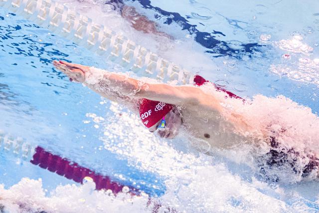 Britain's Filip Nowacki competes during the final of the men's 200m breaststroke swimming event during the LEN European Aquatics Championships at the Olympic Aquatic Centre in Saint-Denis, northern suburbs of Paris, on August 13, 2026. (Photo by Sébastien BOZON / AFP)