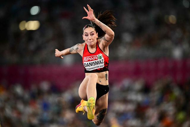 Turkey's Tugba Danismaz competes in the women's triple jump final during the European Athletics Championships at Alexander Stadium in Birmingham on August 13, 2026. (Photo by Ben STANSALL / AFP)