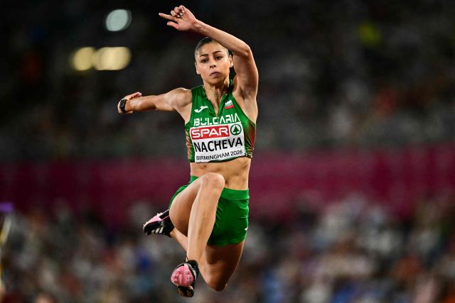 Bulgaria's Aleksandra Nacheva competes in the women's triple jump final during the European Athletics Championships at Alexander Stadium in Birmingham on August 13, 2026. (Photo by Ben STANSALL / AFP)