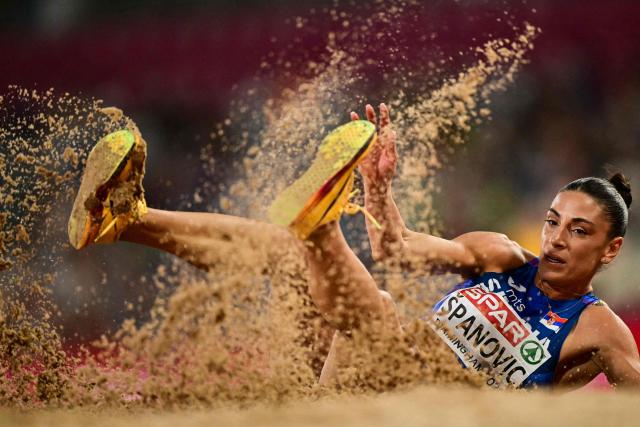 Serbia's Ivana Spanovic competes in the women's triple jump final during the European Athletics Championships at Alexander Stadium in Birmingham on August 13, 2026. (Photo by Ben STANSALL / AFP)