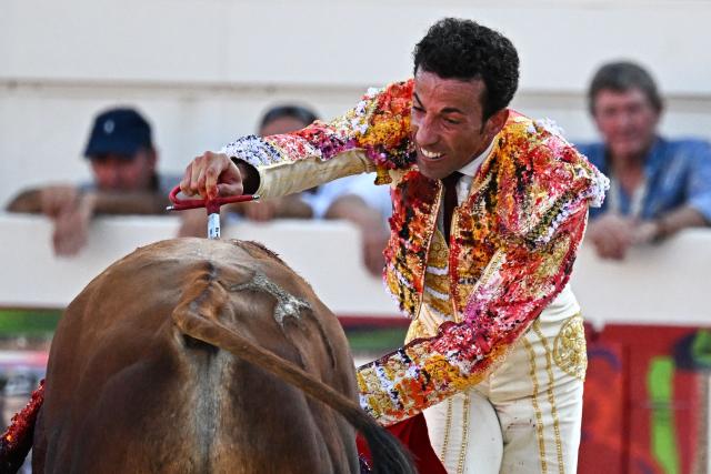 Spanish matador David de Miranda kills a El Parrajelo fighting bull during the Feria in Beziers, southern France on August 13, 2026. (Photo by Gabriel BOUYS / AFP)