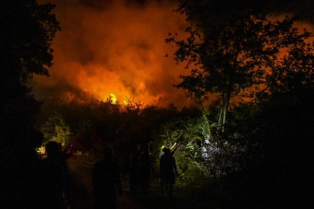 Volunteers and local residents work to prevent a wildfire from spreading near the village of Zogaj, near the coastal town of Ulcinj, Montenegro, on August 13, 2026. (Photo by SAVO PRELEVIC / AFP)