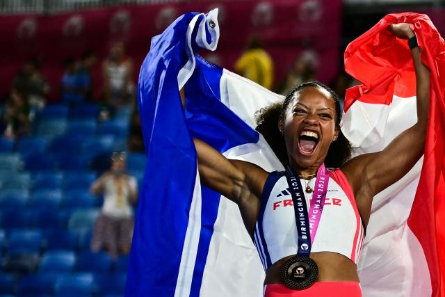 Bronze medallist France's Marie-Julie Bonnin celebrates after competing in the women's pole vault final during the European Athletics Championships at Alexander Stadium in Birmingham on August 13, 2026. (Photo by Ben STANSALL / AFP)