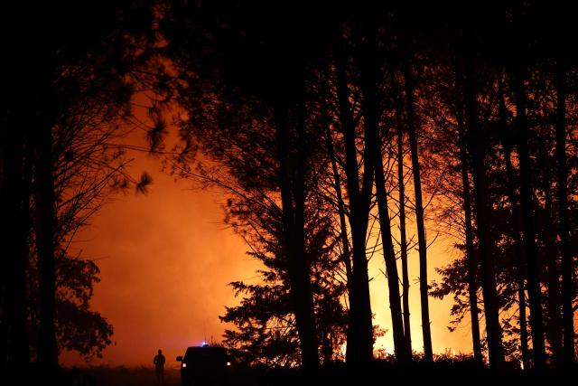 A firefighter looks on as a wildfire rages in the Landes forest in Luglon, southwestern France, on August 13, 2026. The fire that broke out on August 13, 2026 in the Landes forest has now spread across 400 hectares, and 400 people "are being evacuated as a precautionary measure", according to the prefecture of this south-western department. (Photo by ROMAIN PERROCHEAU / AFP)