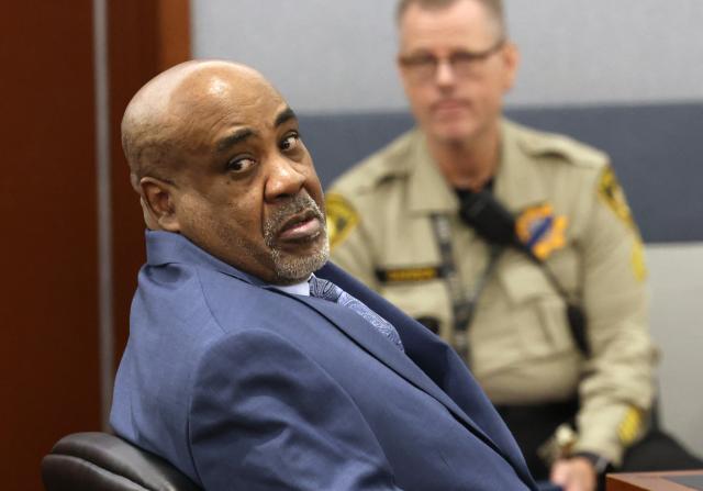 Duane Davis looks on during the fourth day of jury selection in his murder trial, related to the 1996 killing of rapper Tupac Shakur, at Clark County District Court Regional Justice Center in Las Vegas, Nevada, on August 13, 2026. The trial of the former gang leader accused of orchestrating the murder of rapper Tupac Shakur finally began on August 10, 30 years after one of America's most high-profile unresolved killings. The proceedings, expected to last a month, will likely not make clear who fired the shots that killed the California hip-hop legend on the night of September 7, 1996, while he was in Las Vegas to see a Mike Tyson boxing match. (Photo by Bizuayeha TESFAYE / POOL / AFP)