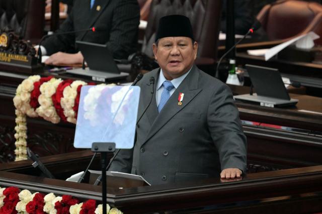 Indonesia's President Prabowo Subianto delivers his annual State of the Nation Address, ahead of the country's Independence Day celebrations, in Jakarta on August 14, 2026. (Photo by BAY ISMOYO / AFP)