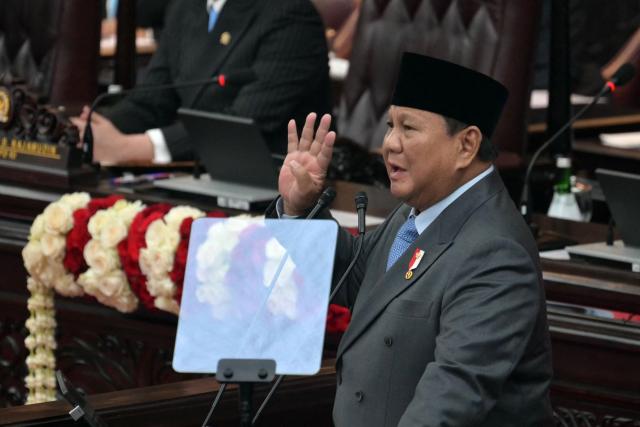 Indonesia's President Prabowo Subianto delivers his annual State of the Nation Address, ahead of the country's Independence Day celebrations, in Jakarta on August 14, 2026. (Photo by BAY ISMOYO / AFP)