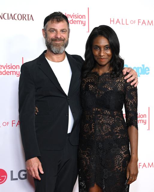 US actor and animator Matt Stone and his wife Angela Howard attend the 28th Television Academy Hall of Fame ceremony at LA Live in Los Angeles on August 13, 2026. (Photo by LISA O'CONNOR / AFP)