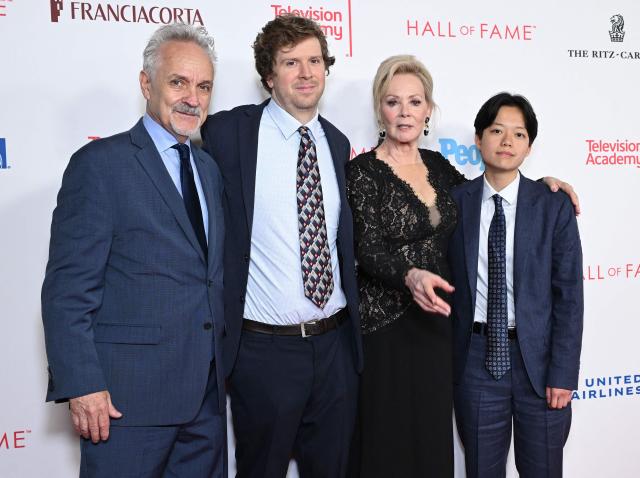 US actress Jean Smart (C-R), her sons Connor Douglas Gilliland (R), Forrest Gilliland and her partner US actor Joe Pacheco (L) attend the 28th Television Academy Hall of Fame ceremony at LA Live in Los Angeles on August 13, 2026. (Photo by LISA O'CONNOR / AFP)