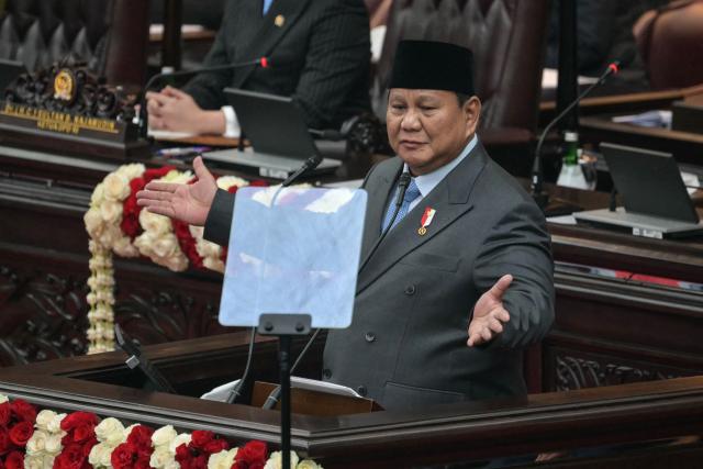Indonesia's President Prabowo Subianto delivers his annual State of the Nation Address, ahead of the country's Independence Day celebrations, in Jakarta on August 14, 2026. (Photo by BAY ISMOYO / AFP)