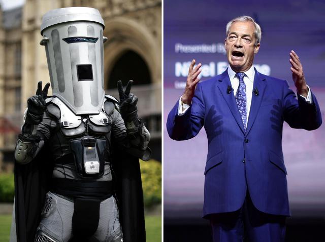 (FILES) (COMBO) This combination of file photos created on August 10, 2026 shows then-London mayoral candidate Count Binface (L) posing for a photo on College Green beside the Palace of Westminster in London on April 25, 2024; and Reform UK leader Nigel Farage (R) speaking during the inaugural Conservative Political Action Conference Great Britain in south-east London on July 17, 2026. British hard-right leader Nigel Farage won on August 14, a snap UK election he triggered in Clacton, comfortably beating satirical opponent Count Binface as was expected, according to results. (Photo by Henry Nicholls / AFP) / TO GO WITH Britain-politics-vote,ADVANCER by Jo Biddle and Theodore Griffin