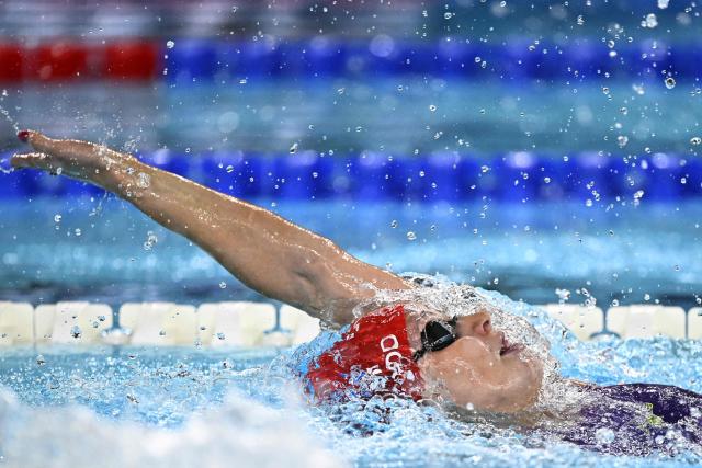 Great Britain's Abbie Wood competes in a heat for the women's 200m individual medley swimming event during the LEN European Aquatics Championships at the Olympic Aquatic Centre in Saint-Denis, northern suburbs of Paris, on August 14, 2026. (Photo by JULIEN DE ROSA / AFP)