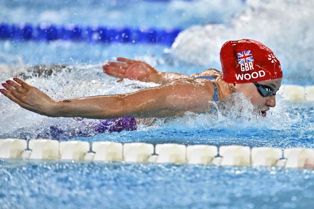 Great Britain's Abbie Wood competes in a heat for the women's 200m individual medley swimming event during the LEN European Aquatics Championships at the Olympic Aquatic Centre in Saint-Denis, northern suburbs of Paris, on August 14, 2026. (Photo by JULIEN DE ROSA / AFP)