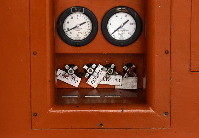 (FILES) This close-up shows a local instrument panel on the turbine-generator unit located at the turbine-hall of the Almaraz nuclear power plant in Almaraz, western Spain on April 23, 2026. Spain's socialist government extended the operation of the nuclear power plant of Almaraz, the largest power in Spain, until June 8, 2030, according to an order published on August 14, 2026 in the Official Gazette. (Photo by OSCAR DEL POZO / AFP)