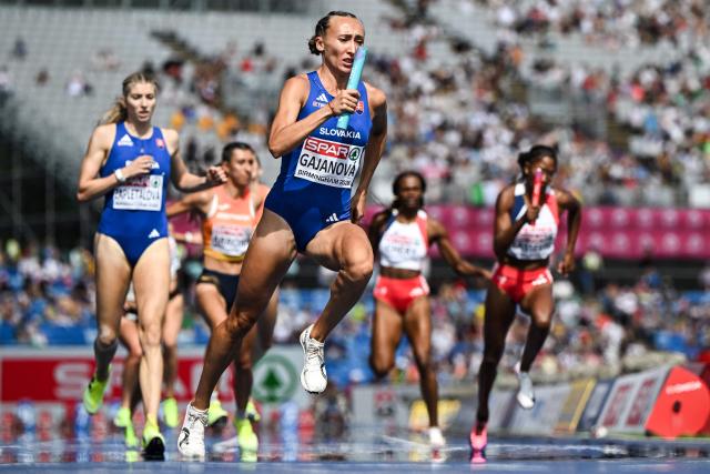 Slovakia's Gabriela Gajanova competes in the women's 4 x 400m relay heats during the European Athletics Championships at Alexander Stadium in Birmingham on August 14, 2026. (Photo by Paul ELLIS / AFP)