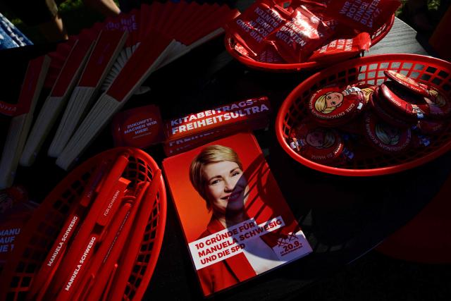Election materials of Manuela Schwesig, Mecklenburg-Western Pomerania's State Premier and the Social Democratic Party's (SPD) top candidate for the upcoming regional elections in the northern German state of Mecklenburg-Western Pomerania, are pictured an election campaign rally on August 14, 2026 in Schwerin, northern Germany. (Photo by John MACDOUGALL / AFP)