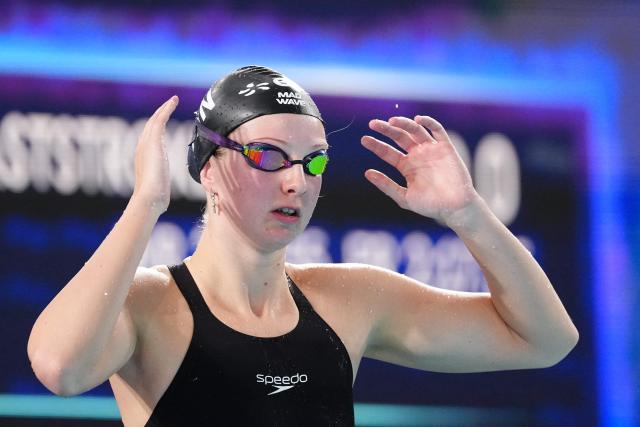Neutral Athlete B's Evgeniia Chikunova  prepares to compete in    the final of the women's 200m breaststroke swimming event during the LEN European Aquatics Championships at the Olympic Aquatic Centre in Saint-Denis, northern suburbs of Paris, on August 14, 2026. (Photo by SEBASTIEN BOZON / AFP)