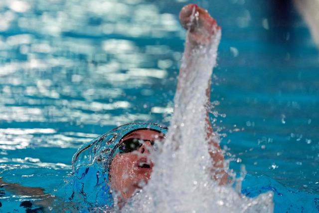 Netherlands' Marrit Steenbergen competes in a semi-final of the women's 100m backstroke swimming event during the LEN European Aquatics Championships at the Olympic Aquatic Centre in Saint-Denis, northern suburbs of Paris, on August 14, 2026. (Photo by Dimitar DILKOFF / AFP)