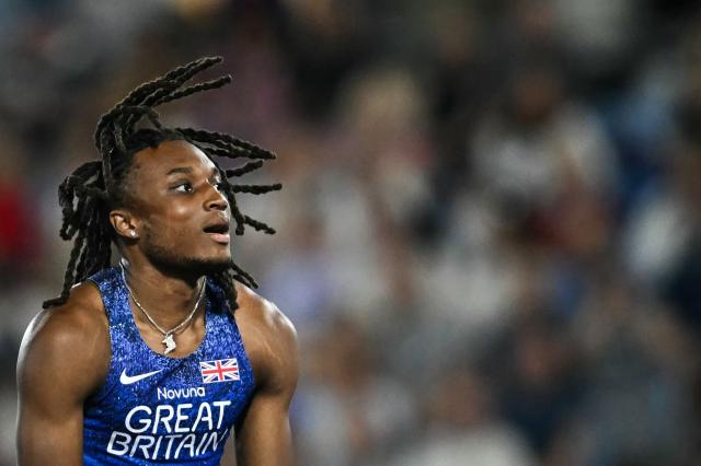 Britain's Kimani Jack reacts as he fails to clear the bar in the men's high jump final during the European Athletics Championships at Alexander Stadium in Birmingham on August 14, 2026. (Photo by Paul ELLIS / AFP)