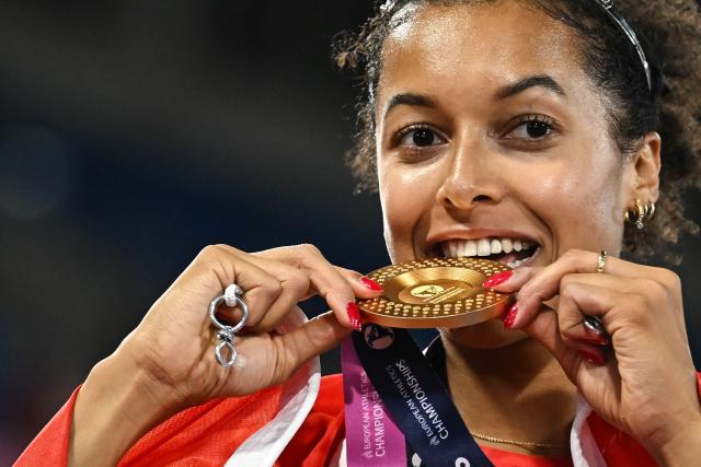 Gold medallist Switzerland's Audrey Werro reacts after winning the women's 800m final and breaking the championship record during the European Athletics Championships at Alexander Stadium in Birmingham on August 14, 2026. (Photo by Paul ELLIS / AFP)