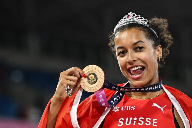 Gold medallist Switzerland's Audrey Werro reacts after winning the women's 800m final and breaking the championship record during the European Athletics Championships at Alexander Stadium in Birmingham on August 14, 2026. (Photo by Paul ELLIS / AFP)