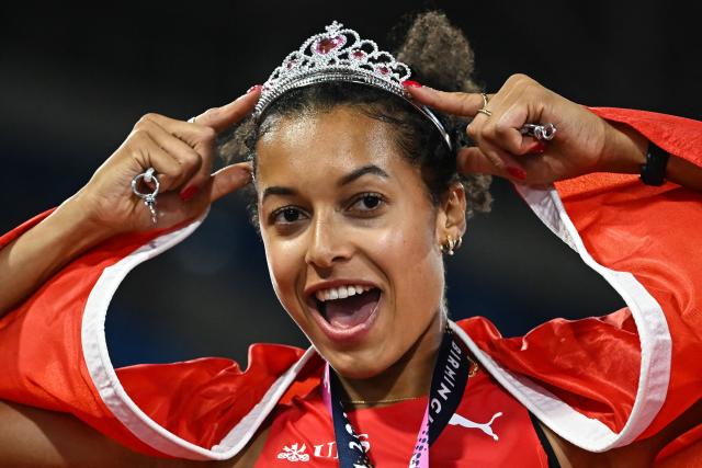 Gold medallist Switzerland's Audrey Werro reacts after winning the women's 800m final and breaking the championship record during the European Athletics Championships at Alexander Stadium in Birmingham on August 14, 2026. (Photo by Paul ELLIS / AFP)
