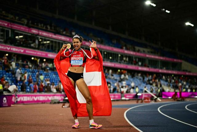 Gold medallist Switzerland's Audrey Werro reacts after winning the women's 800m final and breaking the championship record during the European Athletics Championships at Alexander Stadium in Birmingham on August 14, 2026. (Photo by Ben STANSALL / AFP)