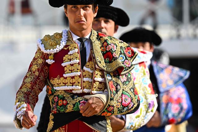 Peruvian matador Andres Roca Rey attends the Paseo (parade) ahead of a bullfight during the Feria in Beziers, southern France on August 14, 2026. (Photo by Gabriel BOUYS / AFP)