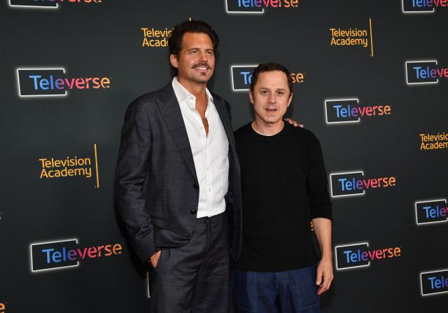 US actors Giovanni Ribisi (R) and Kristoffer Polaha (L) attend the Television Academy's Inaugural Televerse Festival at JW Marriott LA Live in Los Angeles on August 14, 2026. (Photo by Chris Delmas / AFP)