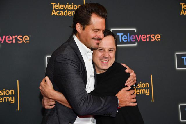 US actors Giovanni Ribisi (R) and Kristoffer Polaha (L) attend the Television Academy's Inaugural Televerse Festival at JW Marriott LA Live in Los Angeles on August 14, 2026. (Photo by Chris Delmas / AFP)