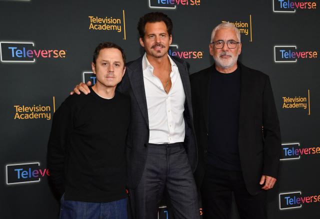 US actors Giovanni Ribisi (L), Kristoffer Polaha (C) and director Adam Arkin (R) attend the Television Academy's Inaugural Televerse Festival at JW Marriott LA Live in Los Angeles on August 14, 2026. (Photo by Chris Delmas / AFP)
