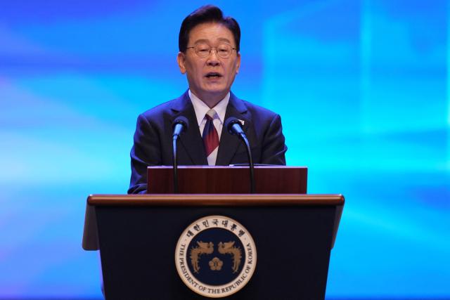 South Korean President Lee Jae Myung speaks during a ceremony to celebrate the 81st anniversary of the Korean Liberation Day in Seoul on August 15, 2026. (Photo by Lee Jin-man / POOL / AFP)