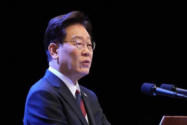 South Korean President Lee Jae Myung speaks during a ceremony to celebrate the 81st anniversary of the Korean Liberation Day in Seoul on August 15, 2026. (Photo by Lee Jin-man / POOL / AFP)
