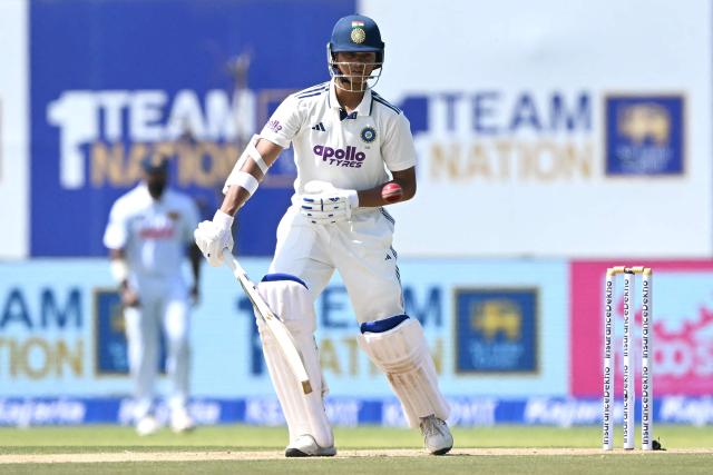 India's Yashasvi Jaiswal plays a shot during the first day of the first Test cricket match between Sri Lanka and India at the Galle International Stadium in Galle on August 15, 2026. (Photo by Ishara S. KODIKARA / AFP)