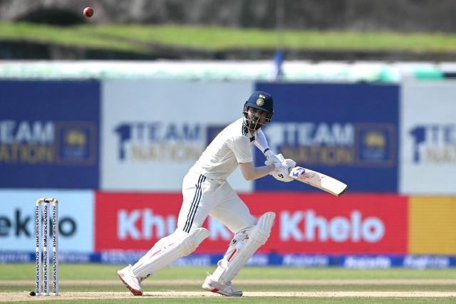 India's KL Rahul plays a shot during the first day of the first Test cricket match between Sri Lanka and India at the Galle International Stadium in Galle on August 15, 2026. (Photo by Ishara S. KODIKARA / AFP)