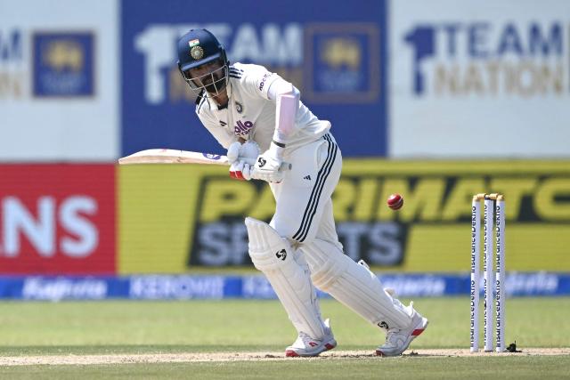 India's KL Rahul plays a shot during the first day of the first Test cricket match between Sri Lanka and India at the Galle International Stadium in Galle on August 15, 2026. (Photo by Ishara S. KODIKARA / AFP)
