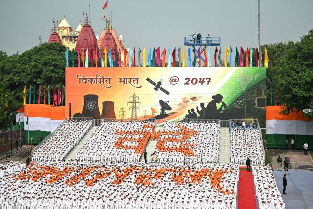Members of the National Cadet Corps (NCC) attend India's Independence Day celebrations at the Red Fort in New Delhi on August 15, 2026. (Photo by Sajjad HUSSAIN / AFP)