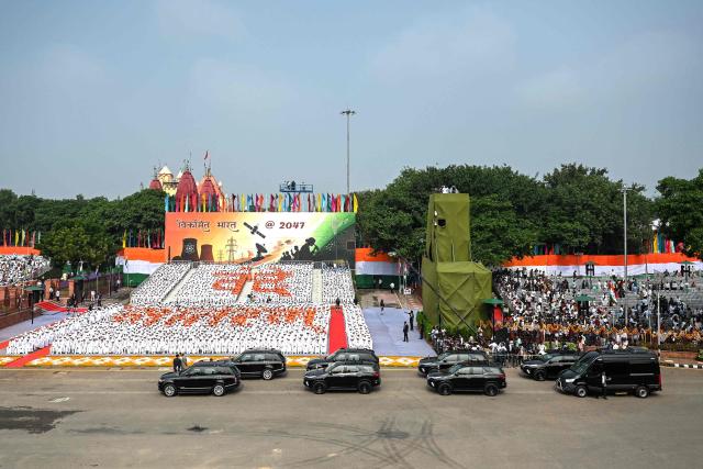 The convoy of India's Prime Minister Narendra Modi leaves after his speech to the nation at the Red Fort during the celebrations to mark the country's Independence Day in New Delhi on August 15, 2026. (Photo by Sajjad HUSSAIN / AFP)