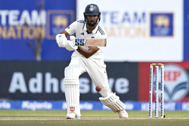 India's Devdutt Padikkal plays a shot during the first day of the first Test cricket match between Sri Lanka and India at the Galle International Stadium in Galle on August 15, 2026. (Photo by Ishara S. KODIKARA / AFP)