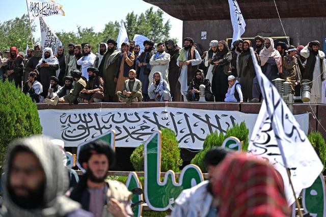 Taliban security personnel gather to celebrate the fifth anniversary of their return to power, in Kabul on August 15, 2026. The Taliban government celebrates five years of ruling Afghanistan on August 15, with the authorities hailing their country's "freedom" and security, while critics decry tightening restrictions in all areas of daily life. (Photo by Wakil KOHSAR / AFP)