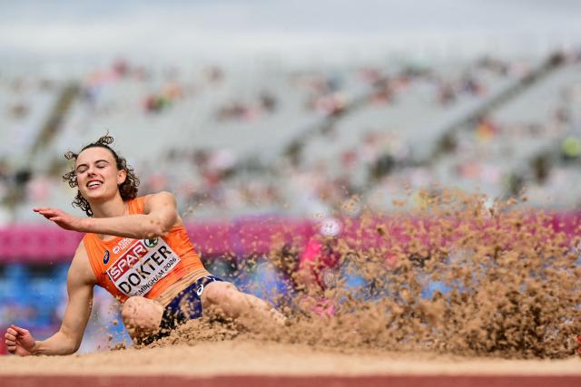 Netherlands' Sofie Dokter competes in the women's heptathlon long jump during the European Athletics Championships at Alexander Stadium in Birmingham on August 15, 2026. (Photo by Ben STANSALL / AFP)