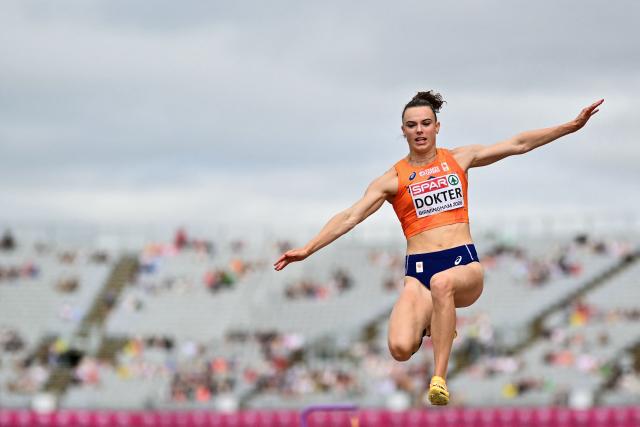 Netherlands' Sofie Dokter competes in the women's heptathlon long jump during the European Athletics Championships at Alexander Stadium in Birmingham on August 15, 2026. (Photo by Ben STANSALL / AFP)
