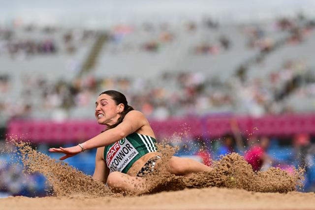 Ireland's Kate O'Connor competes in the women's heptathlon long jump during the European Athletics Championships at Alexander Stadium in Birmingham on August 15, 2026. (Photo by Ben STANSALL / AFP)