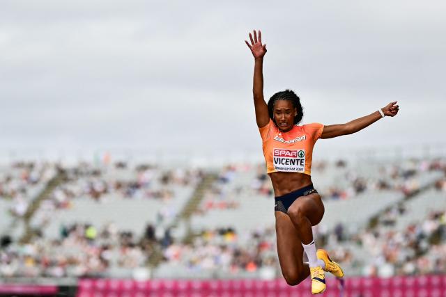 Spain's Maria Vicente competes in the women's heptathlon long jump during the European Athletics Championships at Alexander Stadium in Birmingham on August 15, 2026. (Photo by Ben STANSALL / AFP)